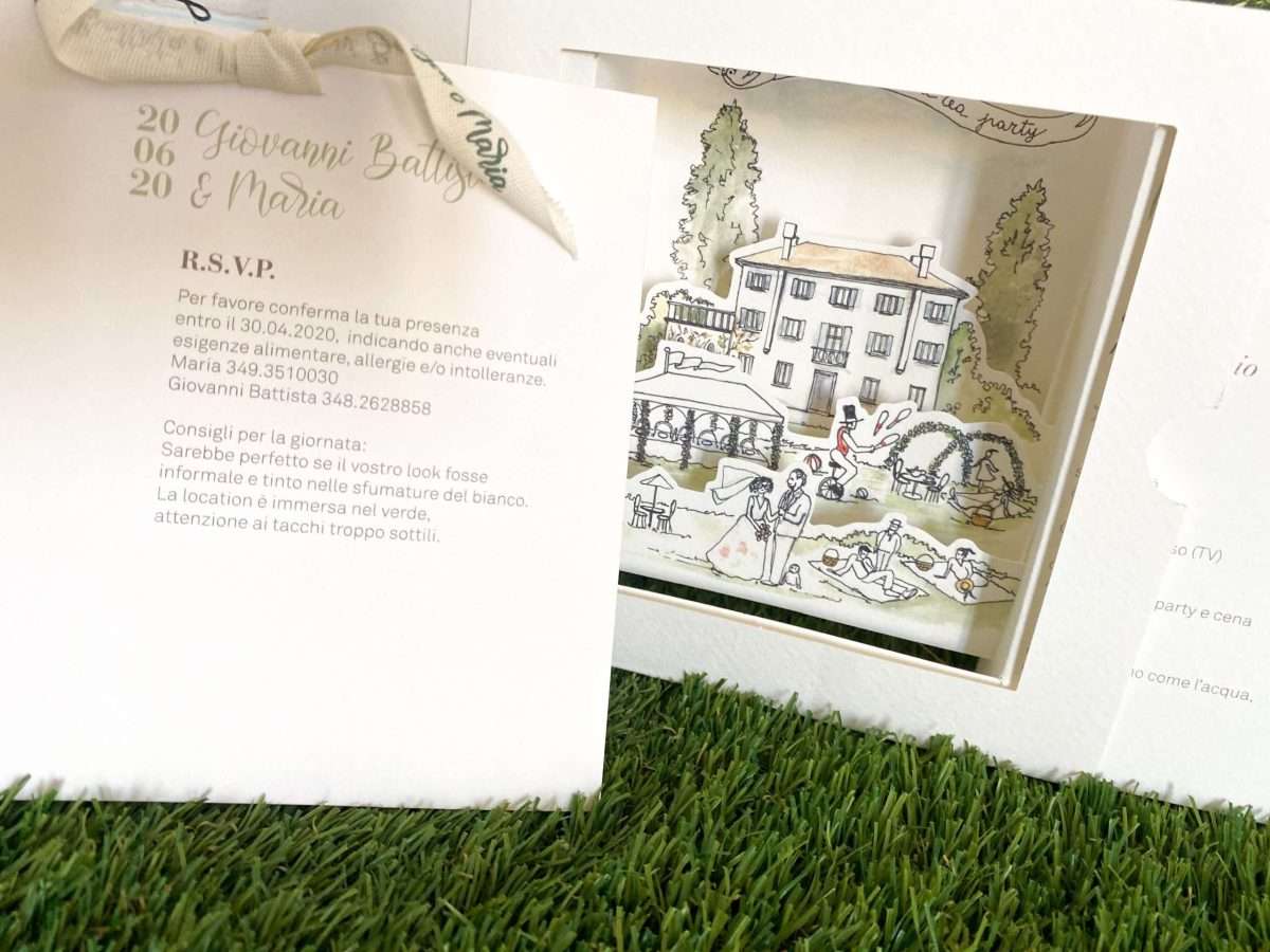 Partecipazione matrimonio di Maria Mayer, formato pop-up 3d con all'interno la visione del loro matrimonio nel giardino della loro casa.