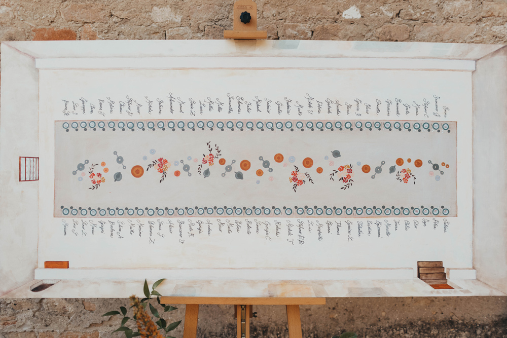 Foto del tableaux de mariage visto dall'altro, interamente dipinto a mano, che rappresenta una sezione dall'alto del refettorio dove si &egrave; svolta la cena.
