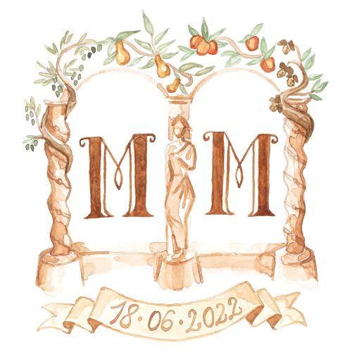 immagine del monogramma con i due archi, nella parte sopra viene ripreso il frutteto antico con alcune foglie e frutti, nella colonna centrale rappresentata la virt&ugrave; della giustizia, all'interno dei due archi le iniziali MM, sotto un nastro che si arrotonda verso il basso con all'interno la data del matrimonio: 18&bull;06&bull;2022 tutto dipinto a mano in acquerello, sempre nelle sfumature dei colori scelti: dal ruggine fino all'arancione, oltre che il verde per le foglie del frutteto antico.
